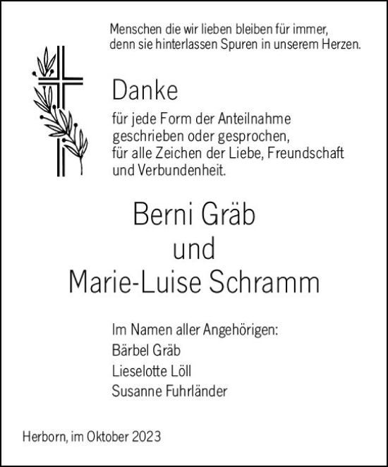 Traueranzeige von Berni Gräb von Dill Block