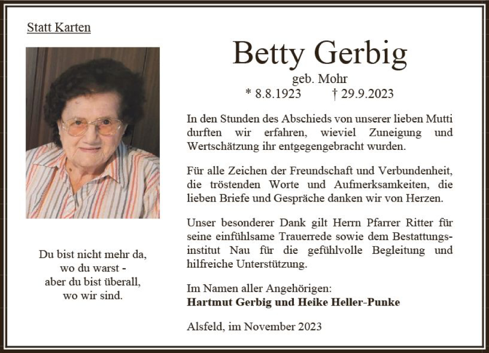  Traueranzeige für Betty Gerbig vom 11.11.2023 aus Oberhessen Kurier