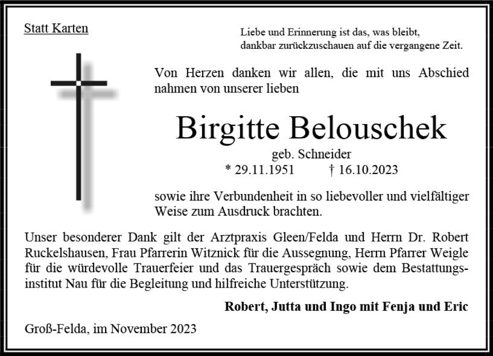  Traueranzeige für Birgitte Belouschek vom 04.11.2023 aus Oberhessen Kurier