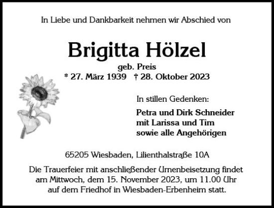 Traueranzeige von Brigitta Hölzel von Wiesbadener Kurier