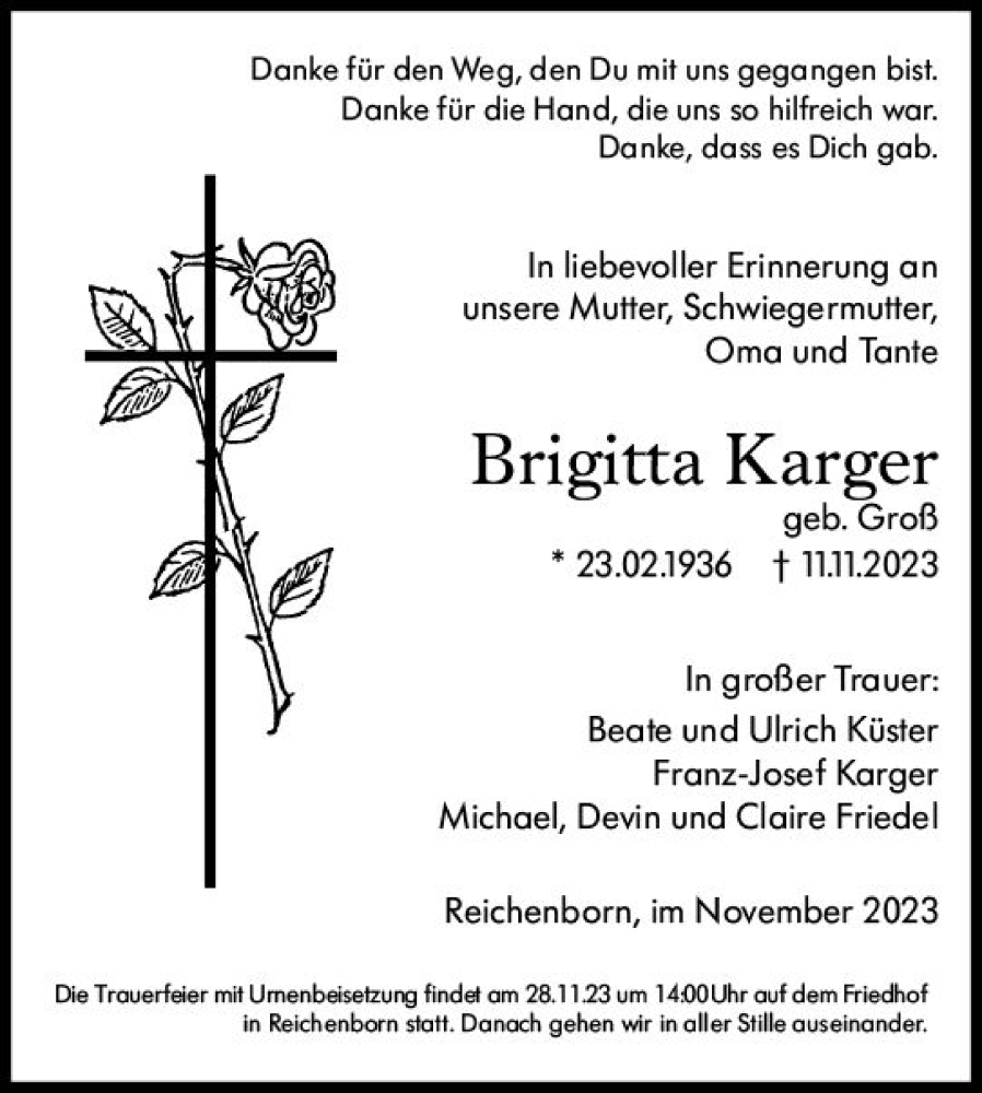  Traueranzeige für Brigitta Karger vom 25.11.2023 aus Weilburger Tageblatt
