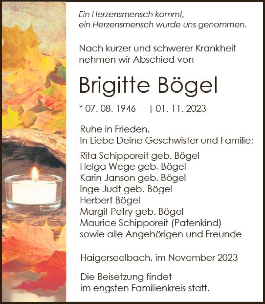  Traueranzeige für Brigitte Bögel vom 06.11.2023 aus Dill Block