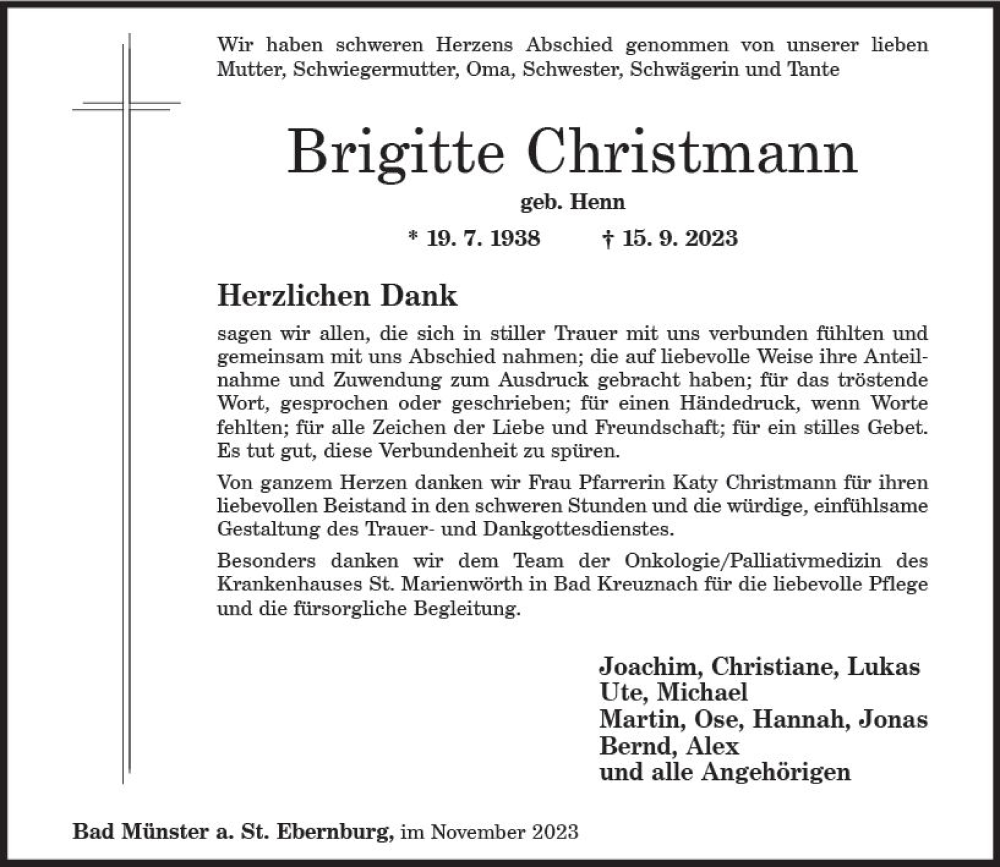 Traueranzeige für Brigitte Christmann vom 18.11.2023 aus Allgemeine Zeitung Bad Kreuznach