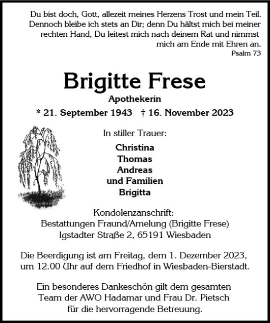 Traueranzeige von Brigitte Frese von Wiesbadener Kurier