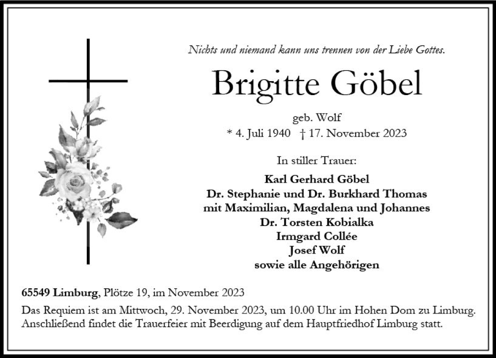  Traueranzeige für Brigitte Göbel vom 25.11.2023 aus Nassauische Neue Presse