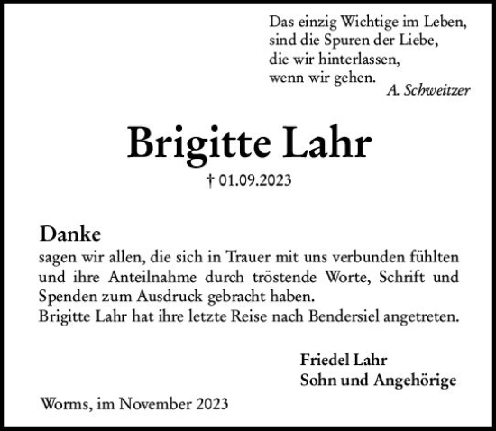 Traueranzeige von Brigitte Lahr von Wormser Zeitung