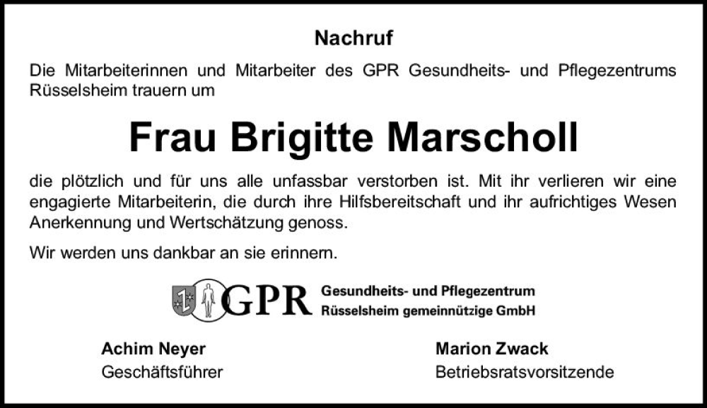  Traueranzeige für Brigitte Marscholl vom 25.11.2023 aus Rüsselsheimer Echo