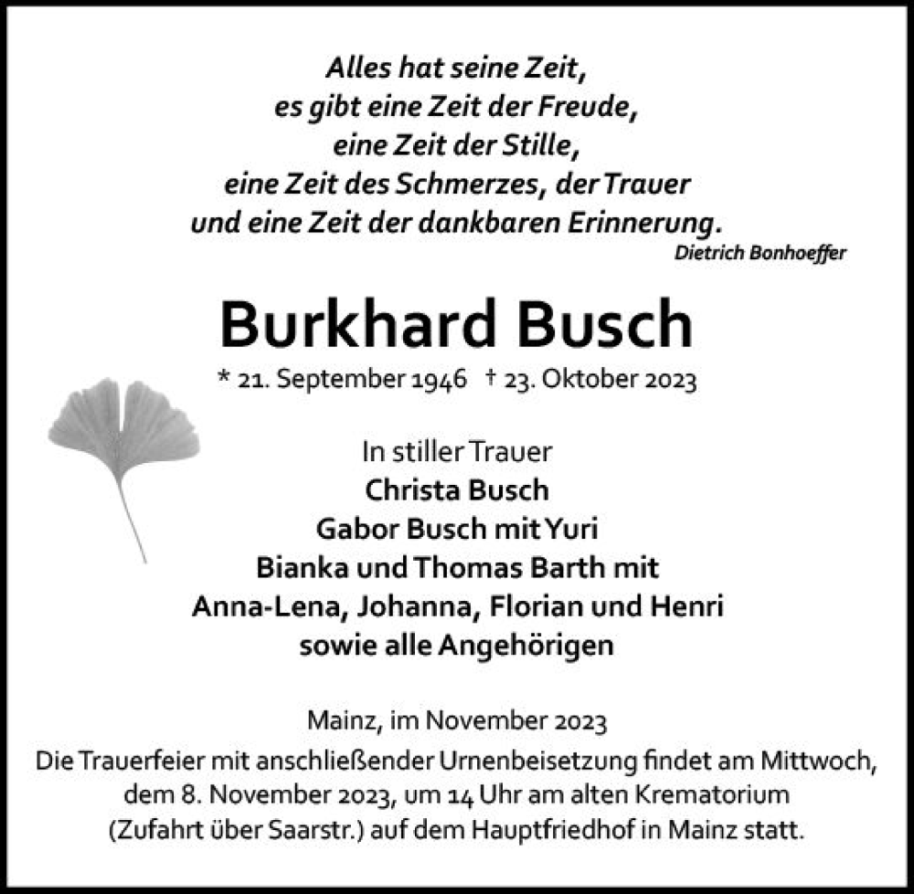  Traueranzeige für Burkhard Busch vom 04.11.2023 aus Allgemeine Zeitung Mainz