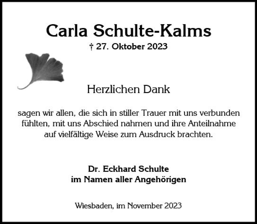  Traueranzeige für Carla Schulte-Kalms vom 18.11.2023 aus Wiesbadener Kurier
