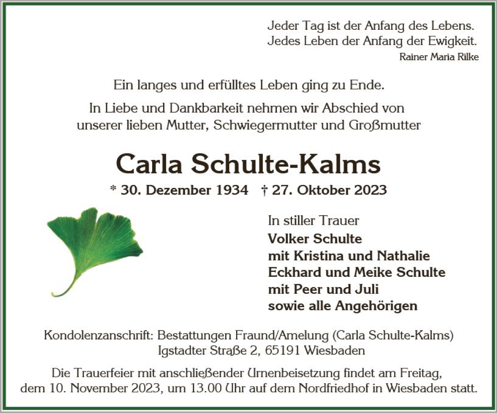  Traueranzeige für Carla Schulte-Kalms vom 04.11.2023 aus Wiesbadener Kurier