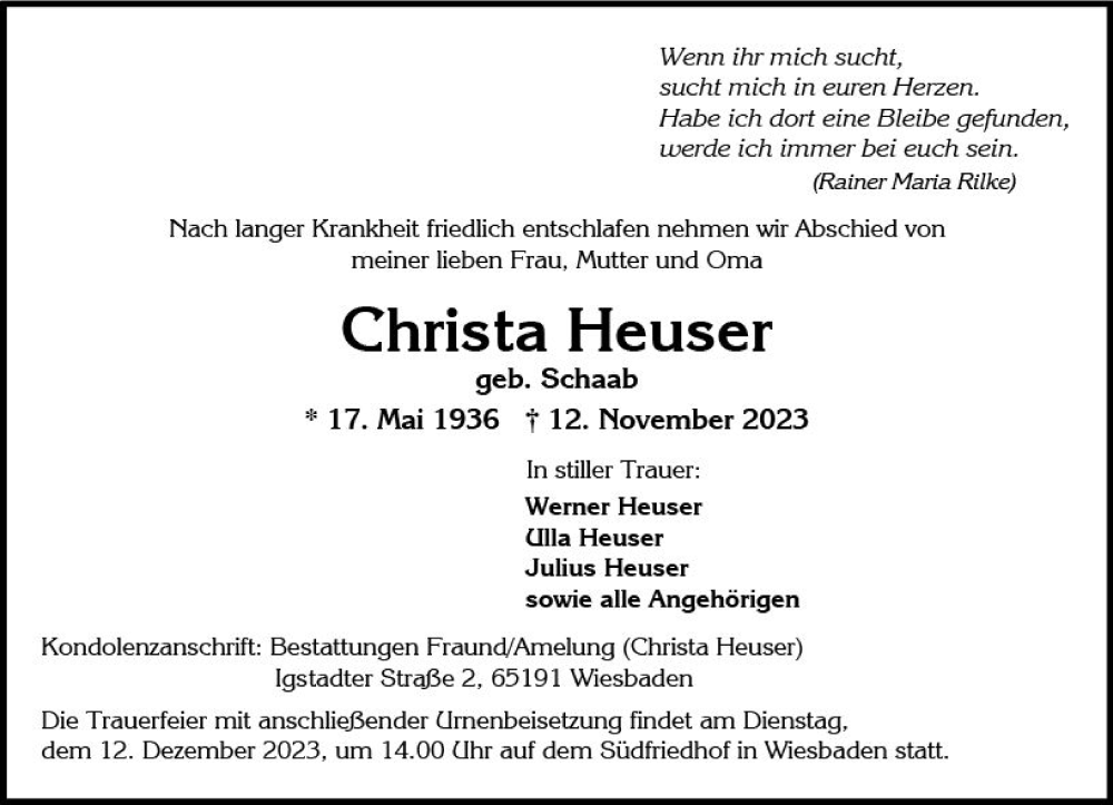  Traueranzeige für Christa Heuser vom 25.11.2023 aus Wiesbadener Kurier
