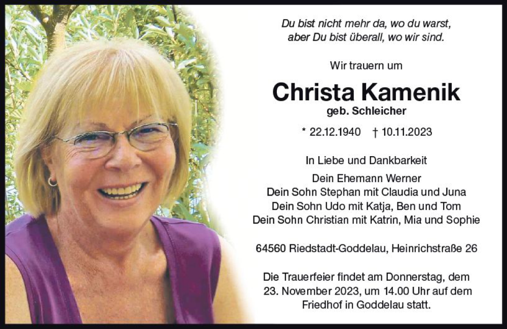  Traueranzeige für Christa Kamenik vom 18.11.2023 aus Groß-Gerauer Echo