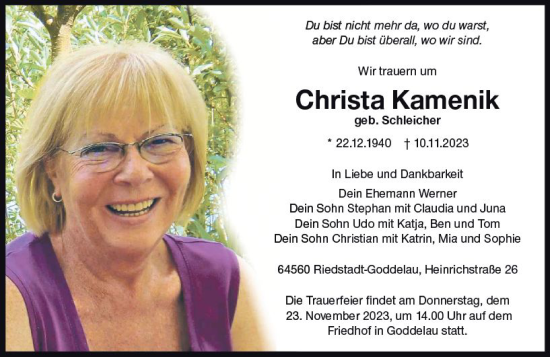 Traueranzeige von Christa Kamenik von Groß-Gerauer Echo