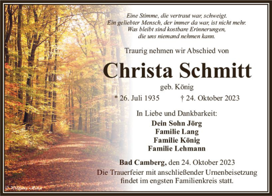 Traueranzeige von Christa Schmitt von Camberger Anzeiger