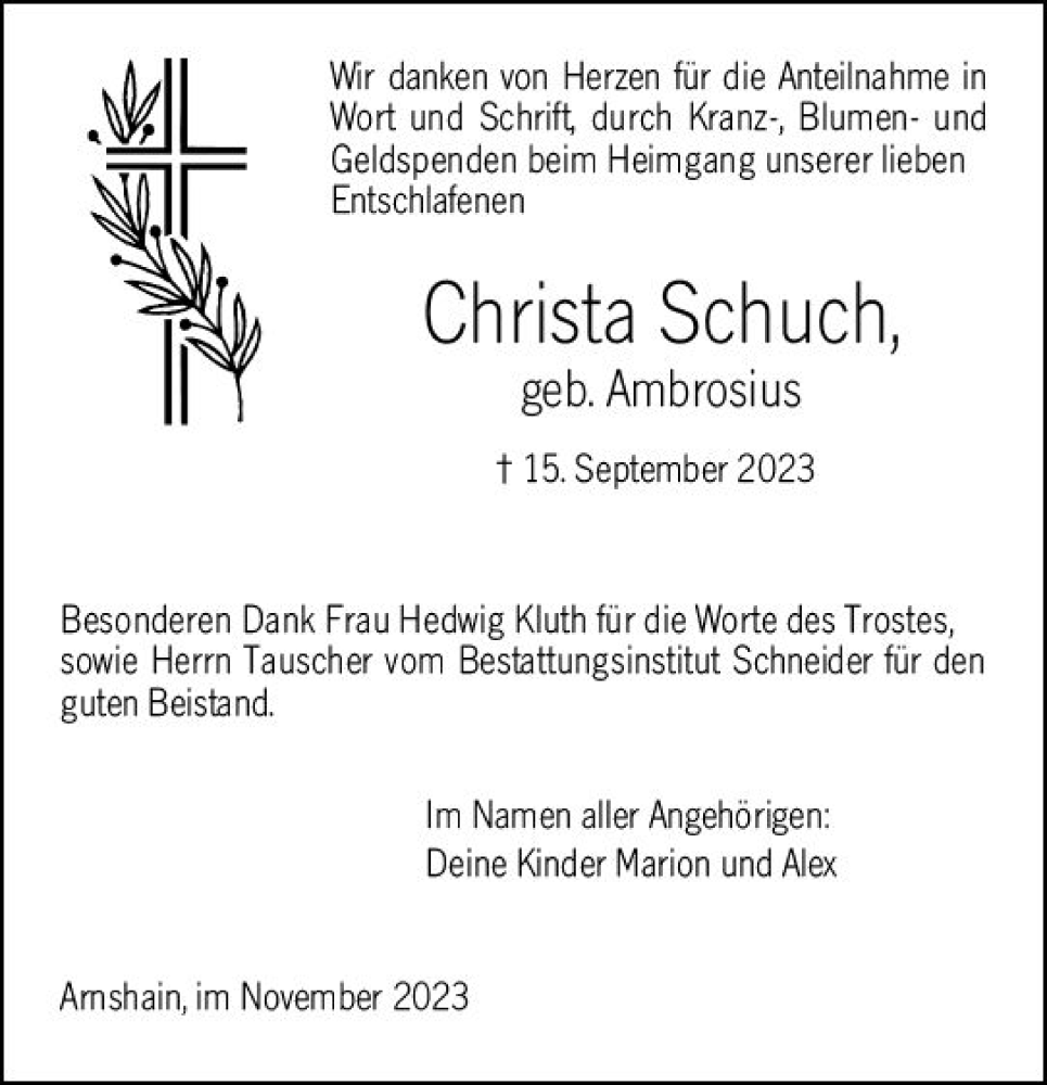  Traueranzeige für Christa Schuch vom 04.11.2023 aus Oberhessen Kurier