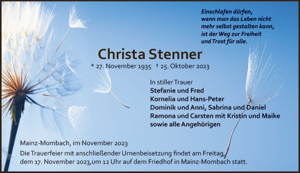  Traueranzeige für Christa Stenner vom 11.11.2023 aus Allgemeine Zeitung Mainz