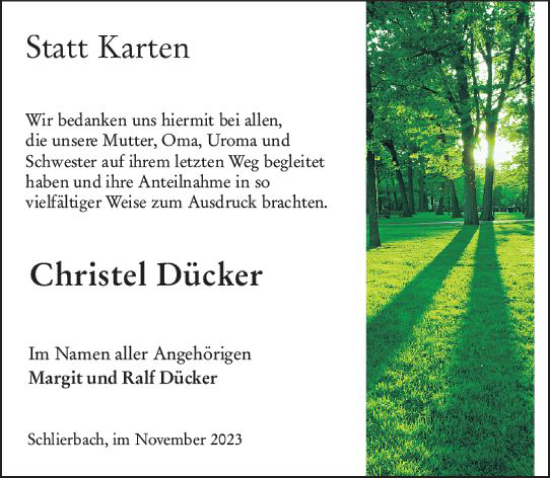 Traueranzeige von Christel Dücker von Hinterländer Anzeiger