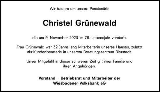 Traueranzeige von Christel Grünewald von Wiesbadener Kurier