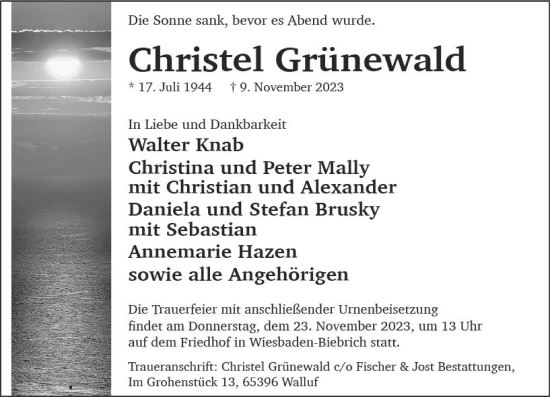 Traueranzeige von Christel Grünewald von Wiesbadener Kurier