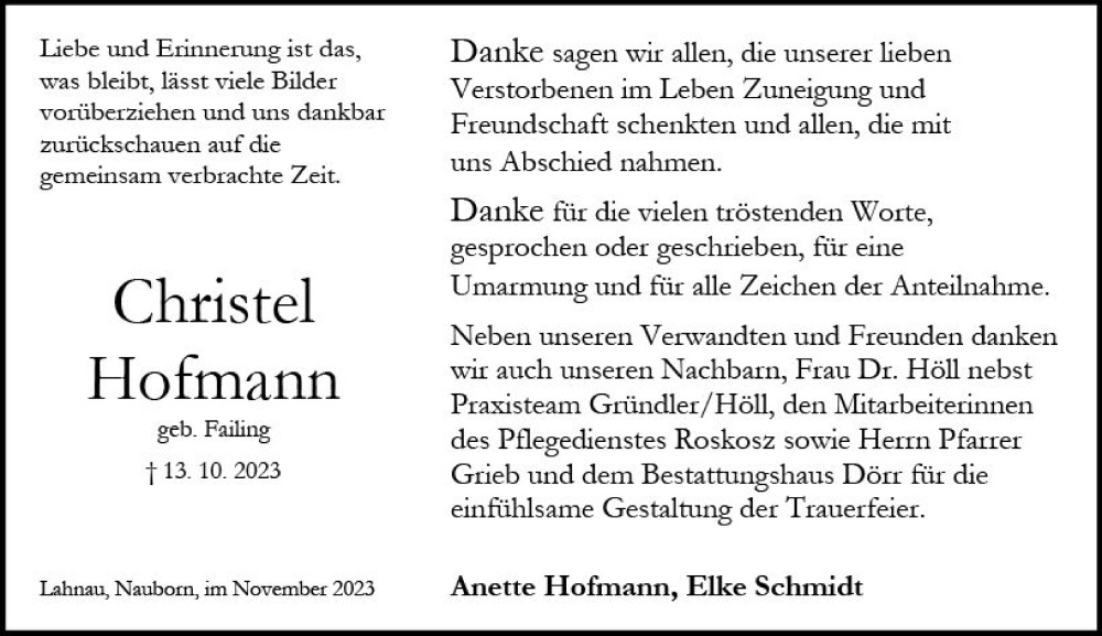  Traueranzeige für Christel Hofmann vom 11.11.2023 aus Wetzlarer Neue Zeitung