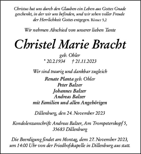 Traueranzeige von Christel Marie Bracht von Dill Block