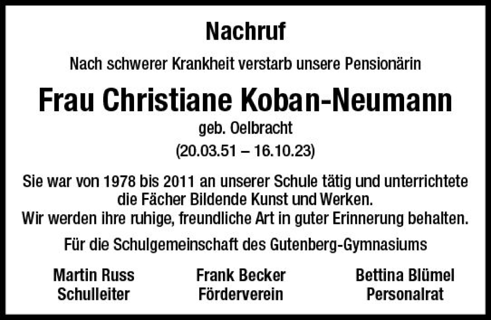  Traueranzeige für Christiane Koban-Neumann vom 04.11.2023 aus Allgemeine Zeitung Mainz
