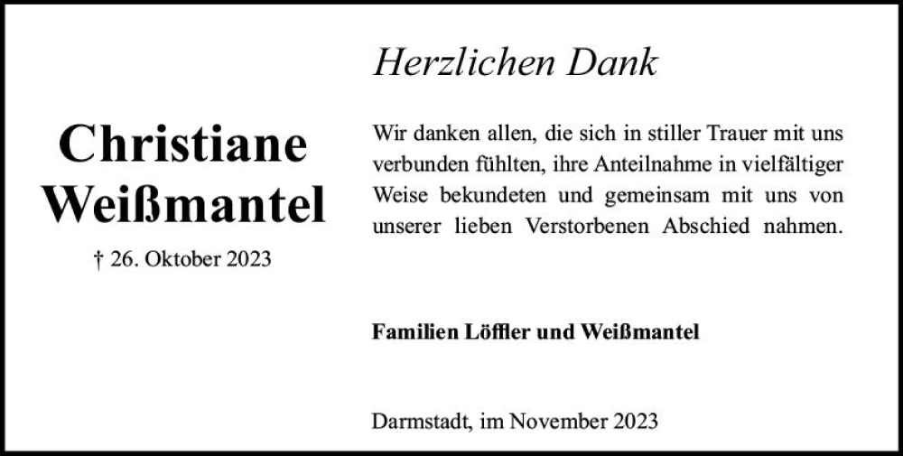  Traueranzeige für Christiane Weißmantel vom 18.11.2023 aus Darmstädter Echo