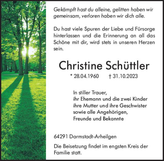 Traueranzeige von Christine Schüttler von Darmstädter Echo