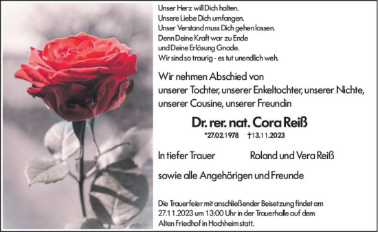 Traueranzeige von Cora Reiß von Hochheimer Zeitung