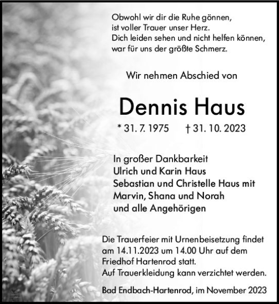 Traueranzeige von Dennis Haus von Hinterländer Anzeiger
