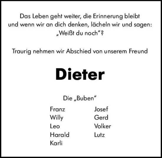 Traueranzeige von Dieter  von Wiesbadener Kurier