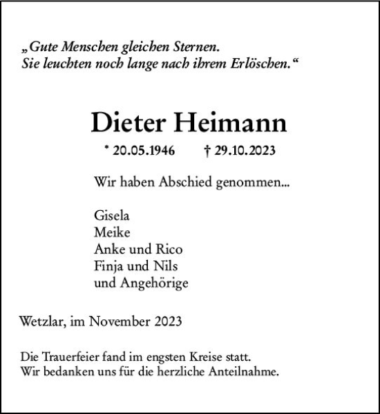 Traueranzeige von Dieter Heimann von Wetzlarer Neue Zeitung