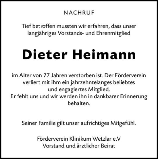 Traueranzeige von Dieter Heimann von Wetzlarer Neue Zeitung