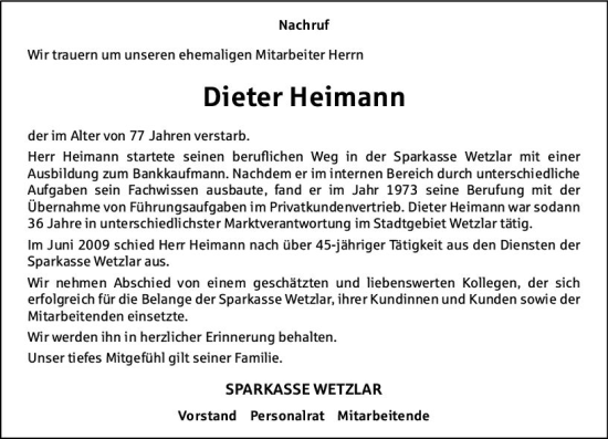 Traueranzeige von Dieter Heimann von Wetzlarer Neue Zeitung