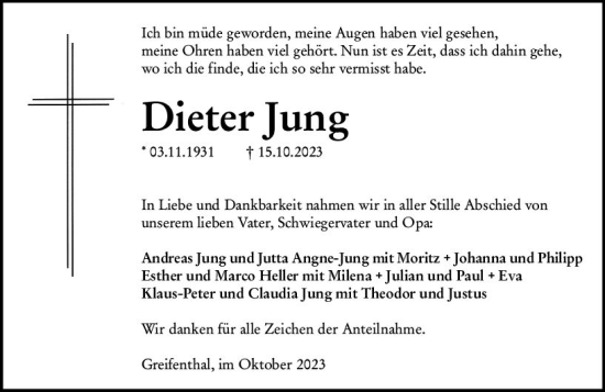 Traueranzeige von Dieter Jung von Dill Block