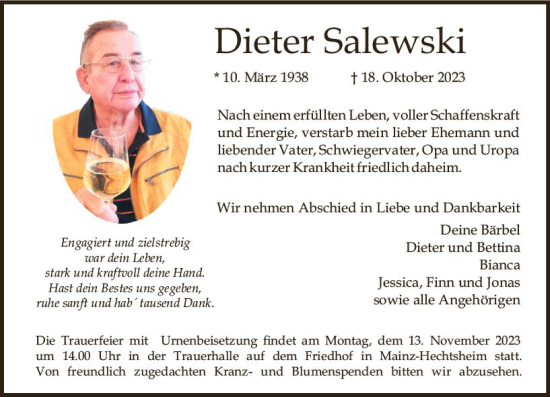 Traueranzeige von Dieter Salewski von Allgemeine Zeitung Mainz