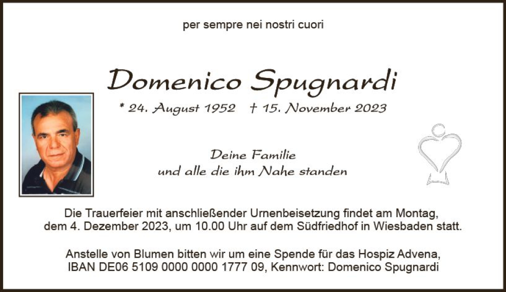  Traueranzeige für Domenico Spugnardi vom 25.11.2023 aus Wiesbadener Kurier