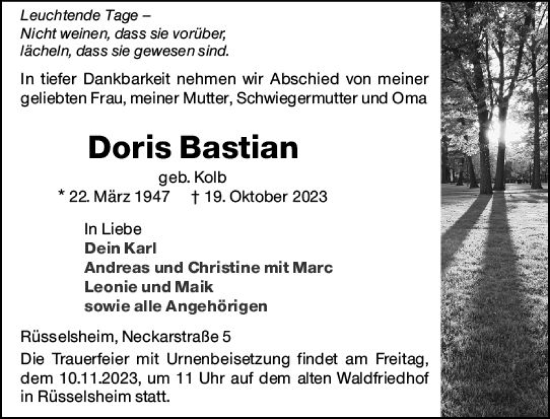 Traueranzeige von Doris Bastian von Rüsselsheimer Echo