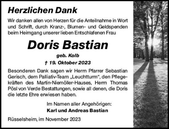Traueranzeige von Doris Bastian von Rüsselsheimer Echo