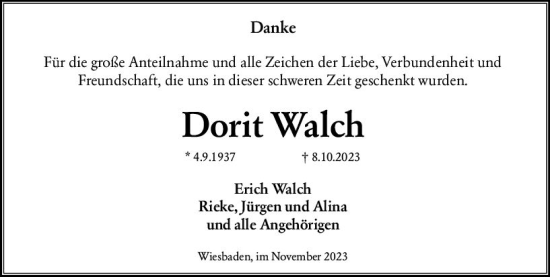Traueranzeige von Doris Walch von Wiesbadener Kurier