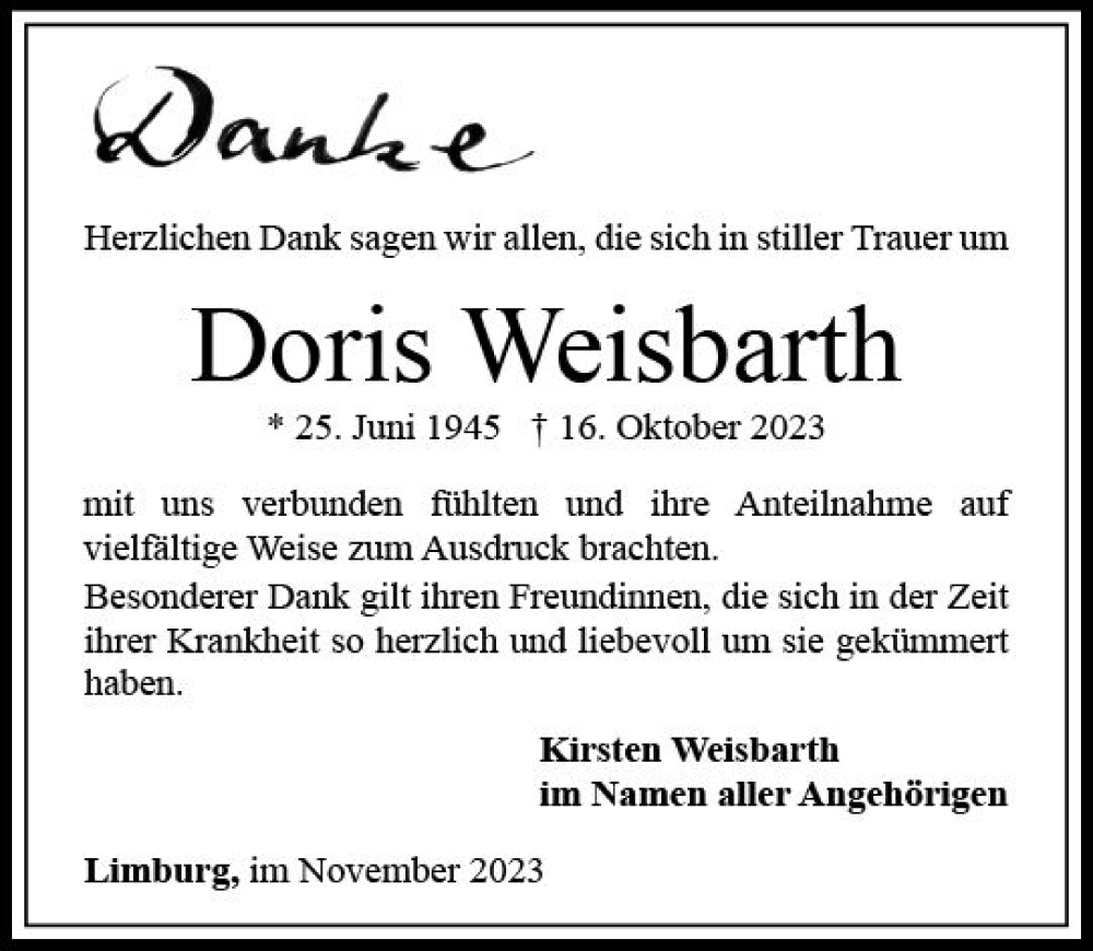 Traueranzeige für Doris Weisbarth vom 18.11.2023 aus Nassauische Neue Presse