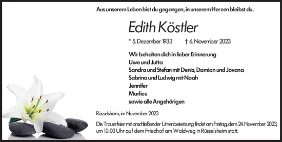 Traueranzeige von Edith Köstler von Rüsselsheimer Echo