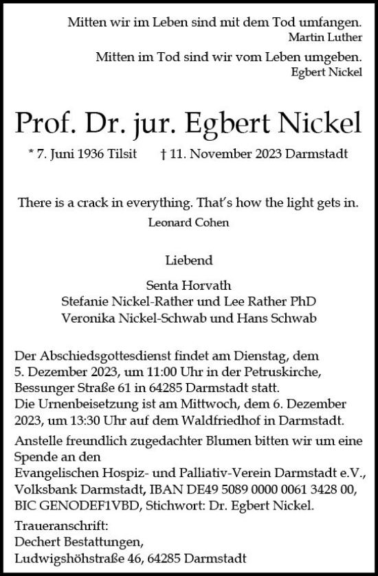 Traueranzeige von Egbert Nickel von Darmstädter Echo