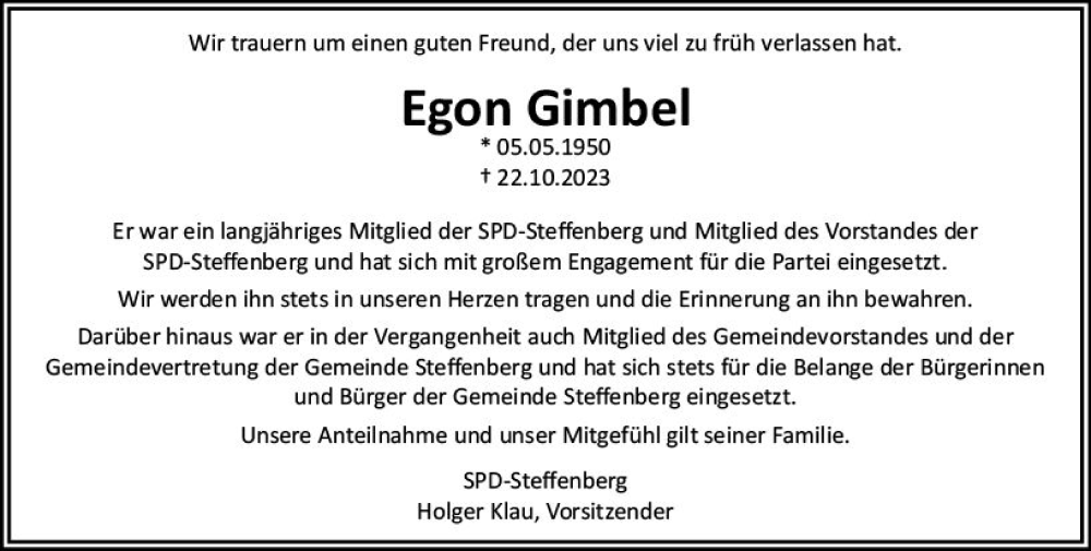  Traueranzeige für Egon Gimbel vom 01.11.2023 aus Hinterländer Anzeiger