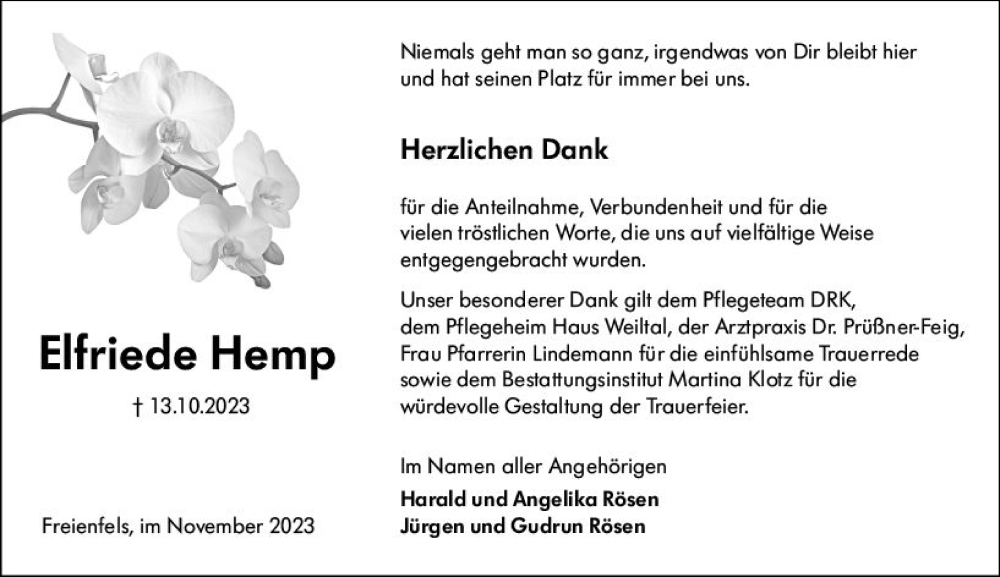  Traueranzeige für Elfriede Hemp vom 25.11.2023 aus Weilburger Tageblatt