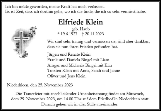 Traueranzeige von Elfriede Klein von Wetzlarer Neue Zeitung
