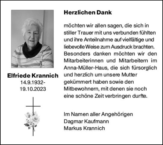 Traueranzeige von Elfriede Krannich von Camberger Anzeiger