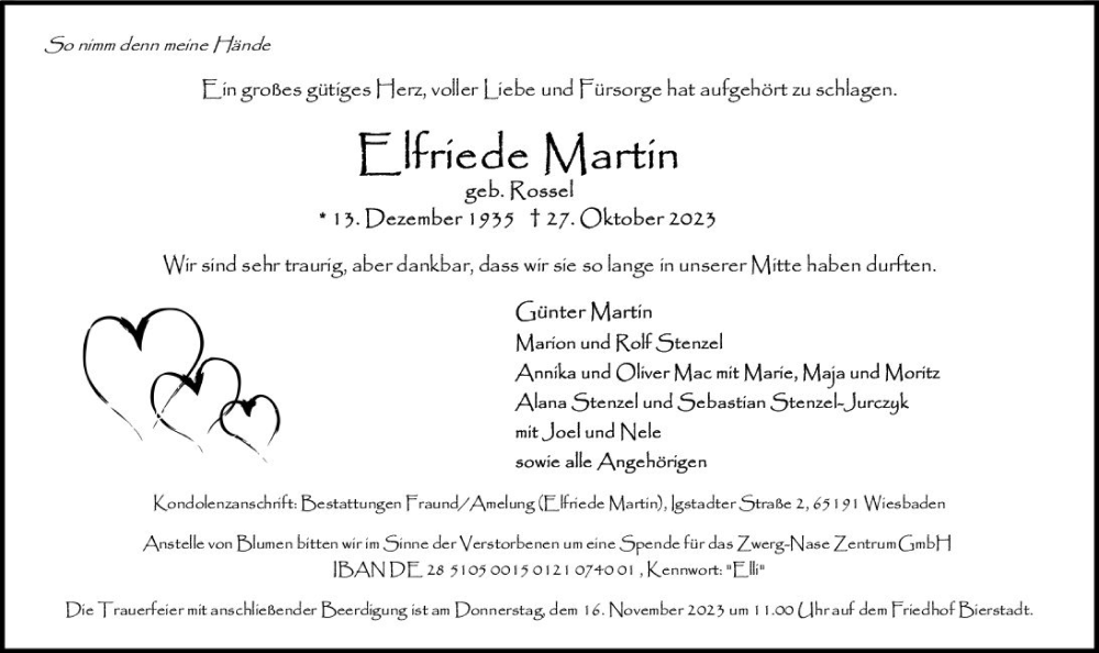  Traueranzeige für Elfriede Martin vom 04.11.2023 aus Wiesbadener Kurier