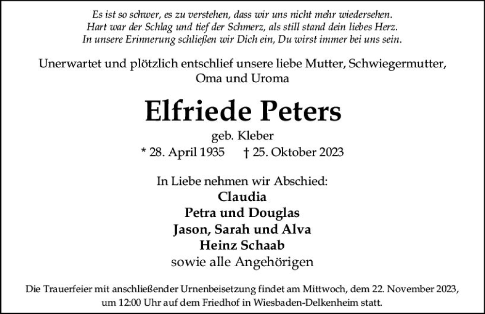  Traueranzeige für Elfriede Peters vom 18.11.2023 aus Wiesbadener Kurier