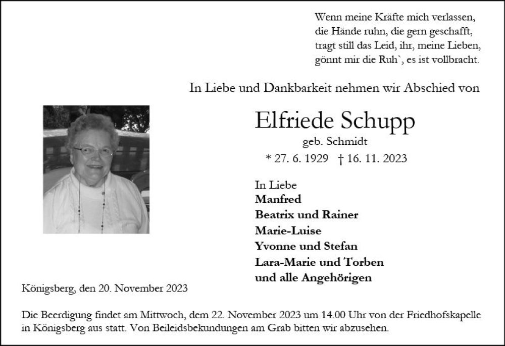  Traueranzeige für Elfriede Schupp vom 20.11.2023 aus Wetzlarer Neue Zeitung